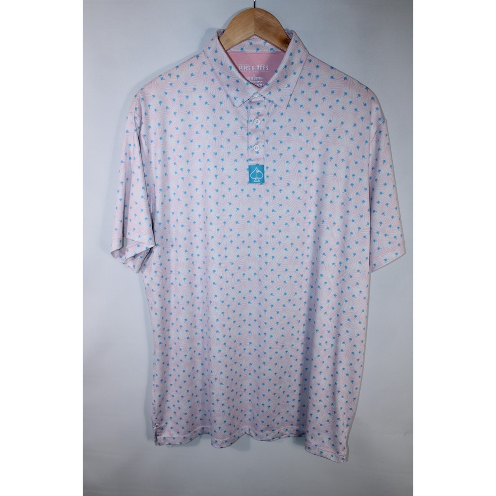 Pins & Aces Men's XL Light Pink Blue Short Sleeve Gold Polo Shirt